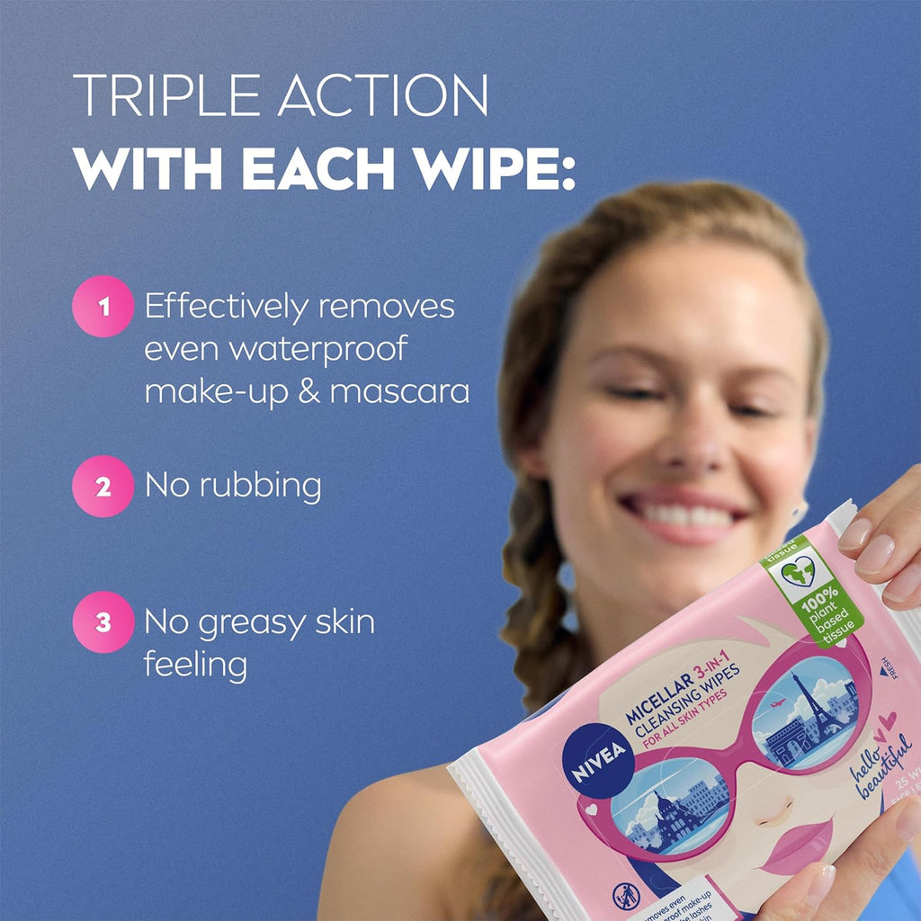 Limited Edition Micellar Cleansing Wipes (25Pcs), Biodegradable with Micellar Technology, Facial Wipes Effectively Removes Waterproof Make-Up and Mascara (Packaging Maybe in Different Color)
