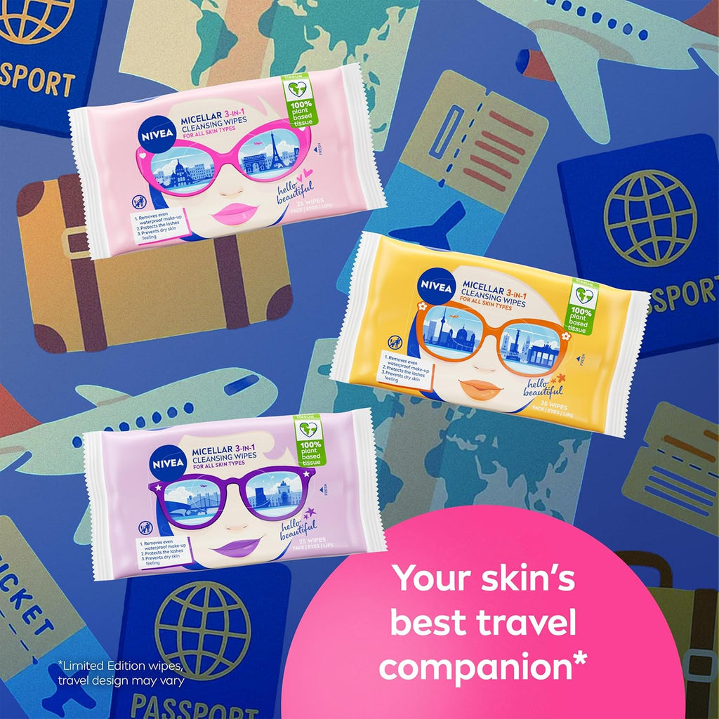 Limited Edition Micellar Cleansing Wipes (25Pcs), Biodegradable with Micellar Technology, Facial Wipes Effectively Removes Waterproof Make-Up and Mascara (Packaging Maybe in Different Color)