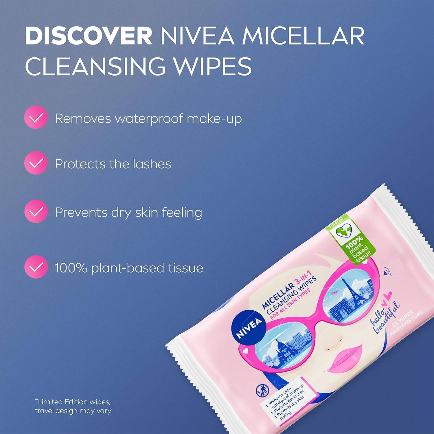 Limited Edition Micellar Cleansing Wipes (25Pcs), Biodegradable with Micellar Technology, Facial Wipes Effectively Removes Waterproof Make-Up and Mascara (Packaging Maybe in Different Color)